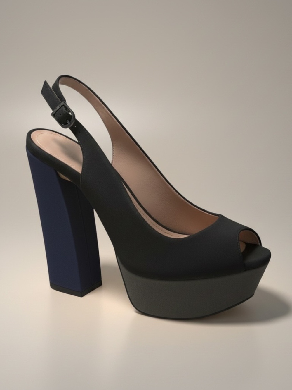 Vince Camuto Black Peep-Toe Platform Slingback with Navy Block Heel and Grey